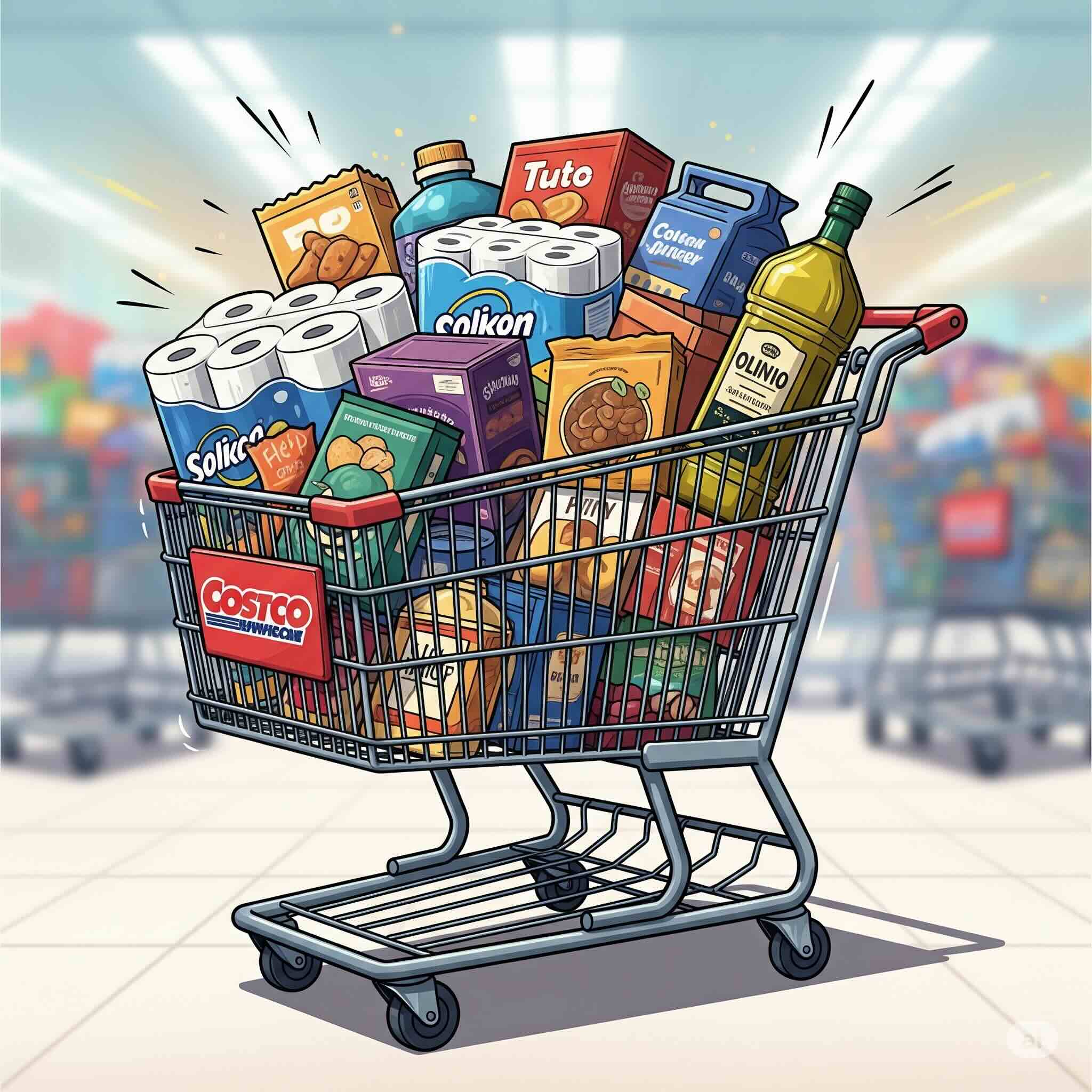 A stylized shopping cart overflowing with savings, representing Costco's bulk deals.